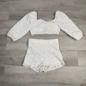 White Textured Puff Sleeve Crop Top & Shorts Set Size Small Cottagecore Bridal